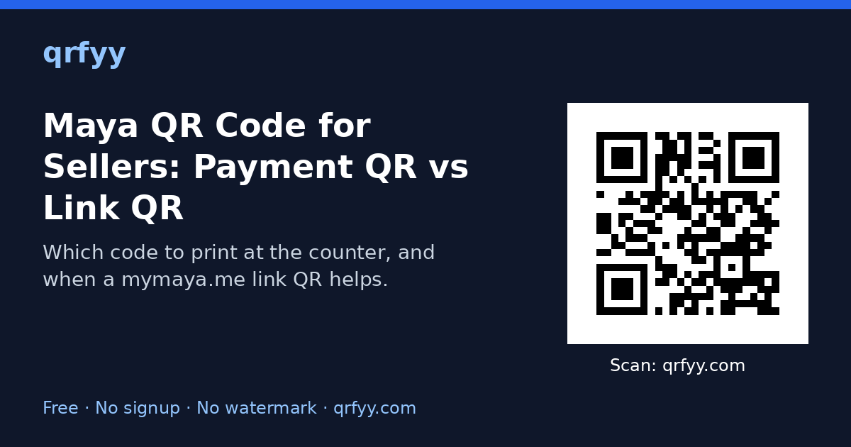 Maya QR Code for Sellers: Payment QR vs Link QR: featured graphic with a QR code to qrfyy.com