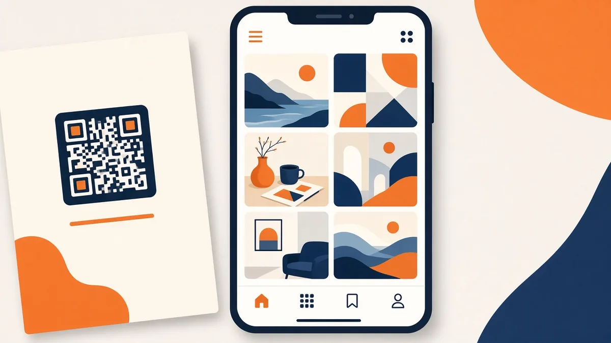 Phone showing a portfolio image gallery next to a printed card with a QR code
