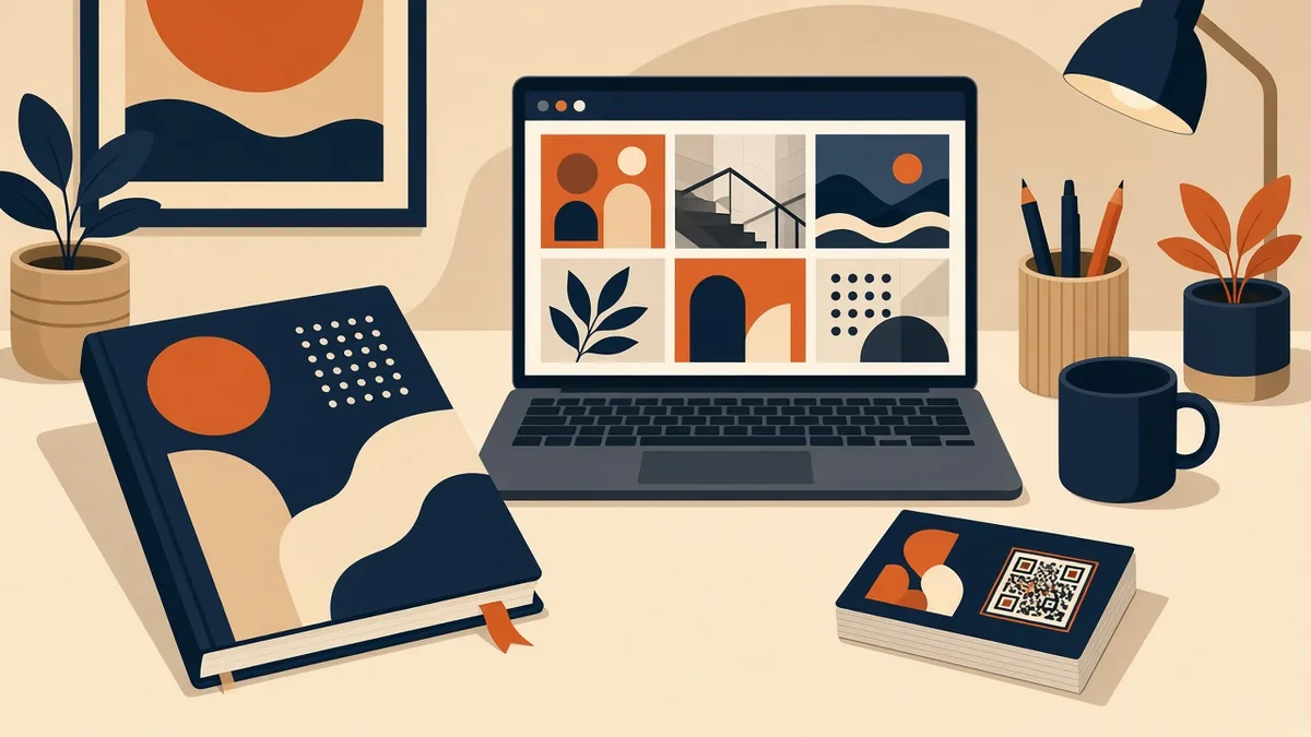 Freelancer desk with a portfolio book, a laptop gallery and a business card with a QR code