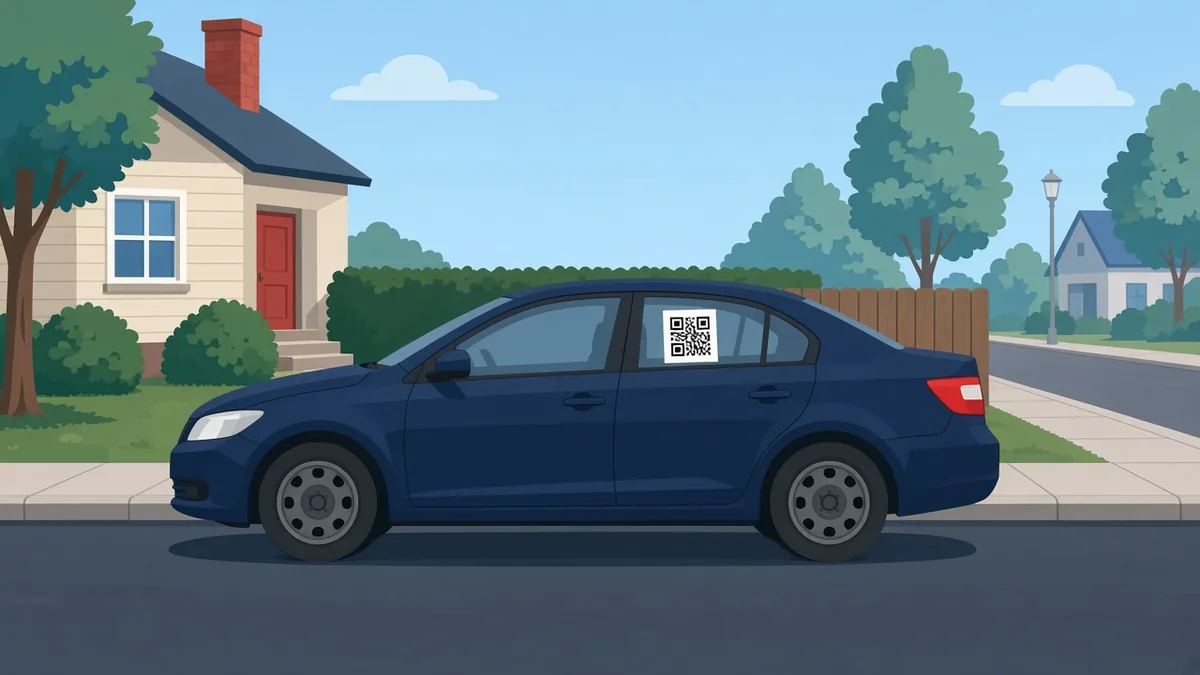 Parked sedan with a for-sale QR code sign in the rear side window