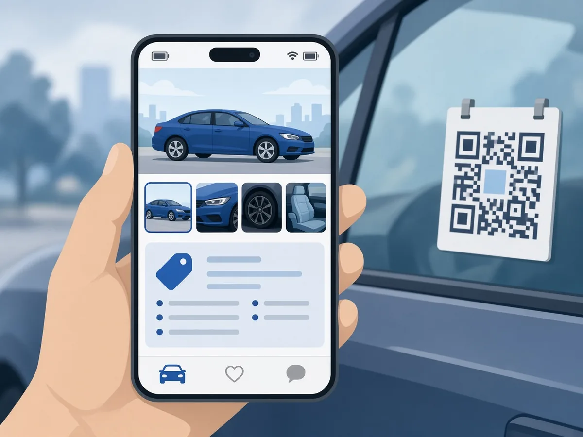Phone showing a car listing with photos after scanning the window QR code