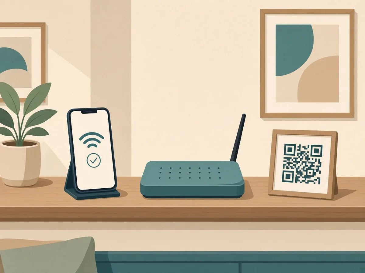 Guest WiFi QR code card next to a router and a phone showing a connected WiFi icon