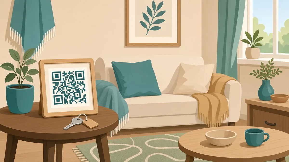 Framed QR code welcome card on a side table in a vacation rental living room