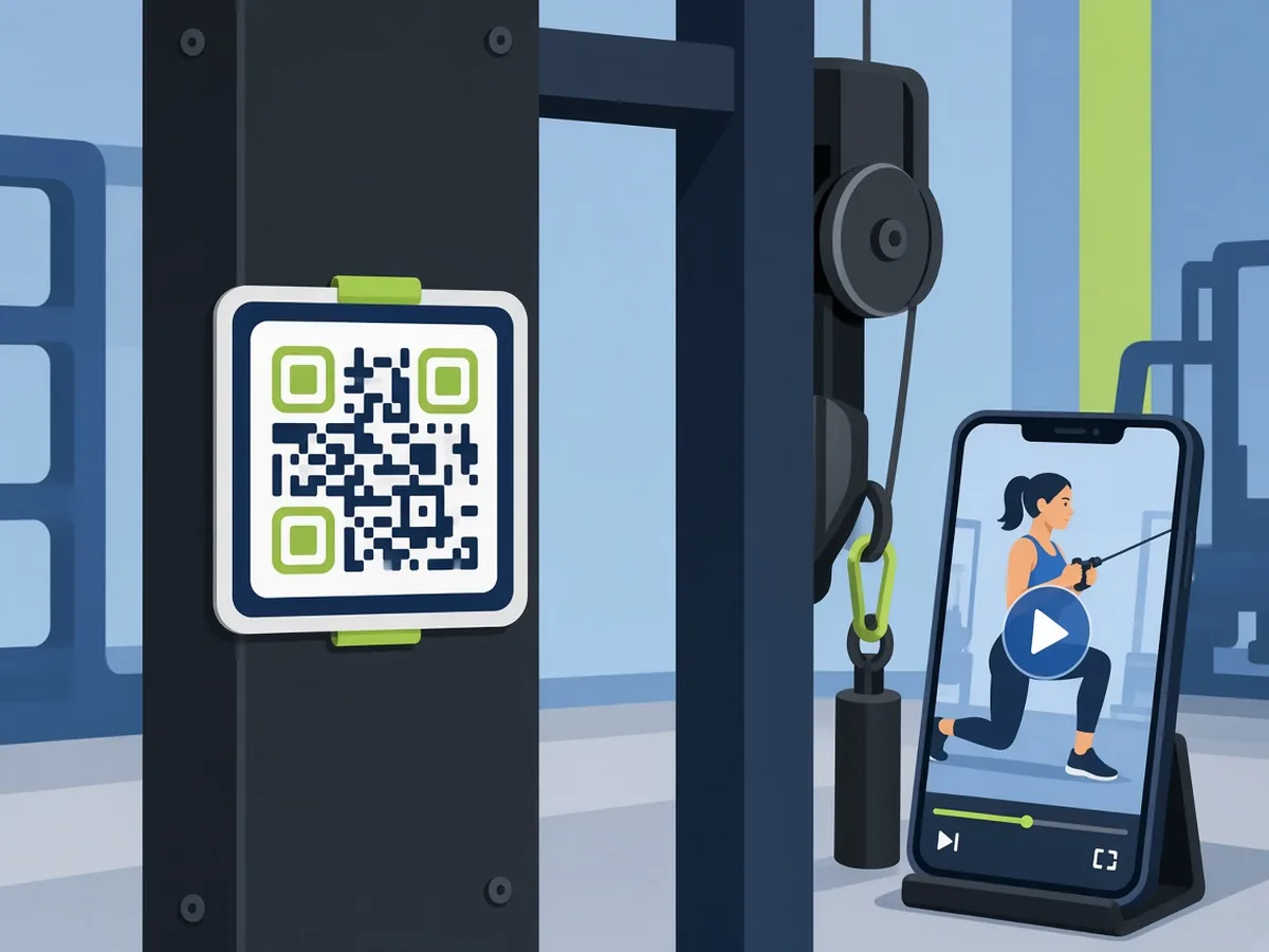 QR code sticker on a cable machine next to a phone playing an exercise demo video