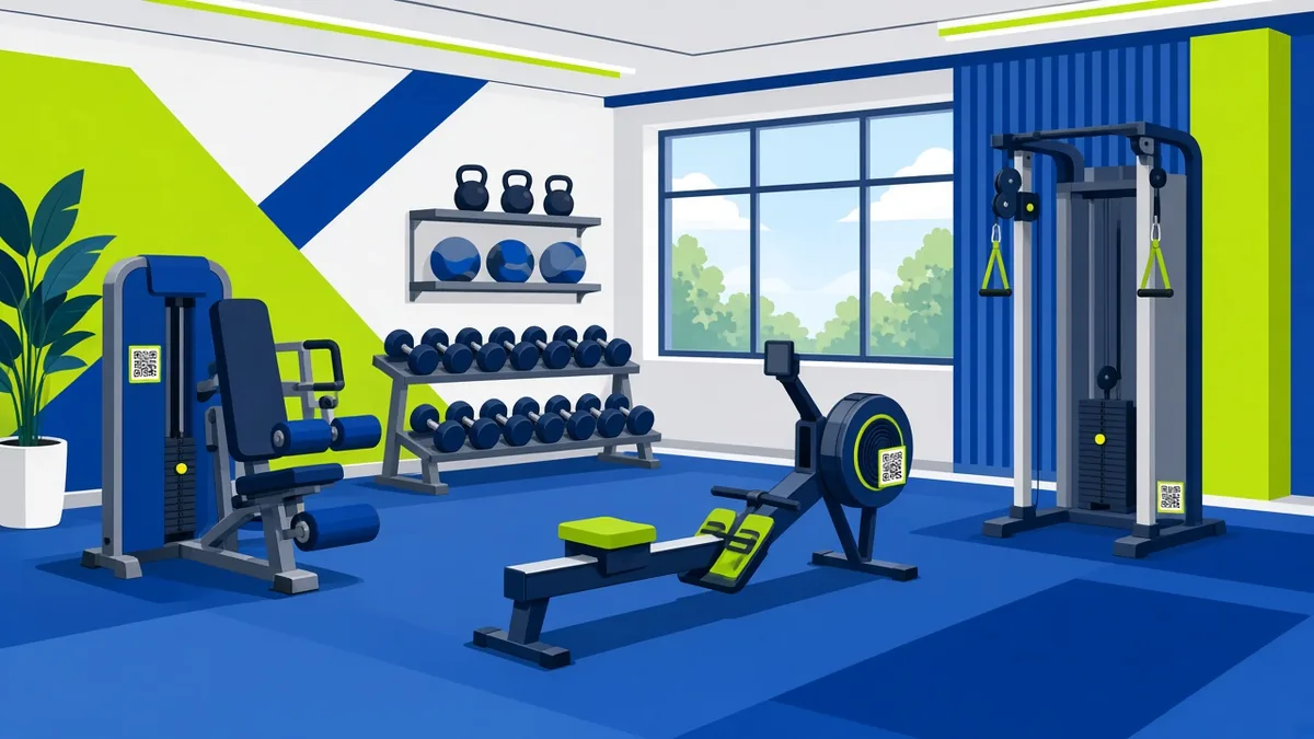 Modern gym with QR code stickers on weight machines and a rowing machine