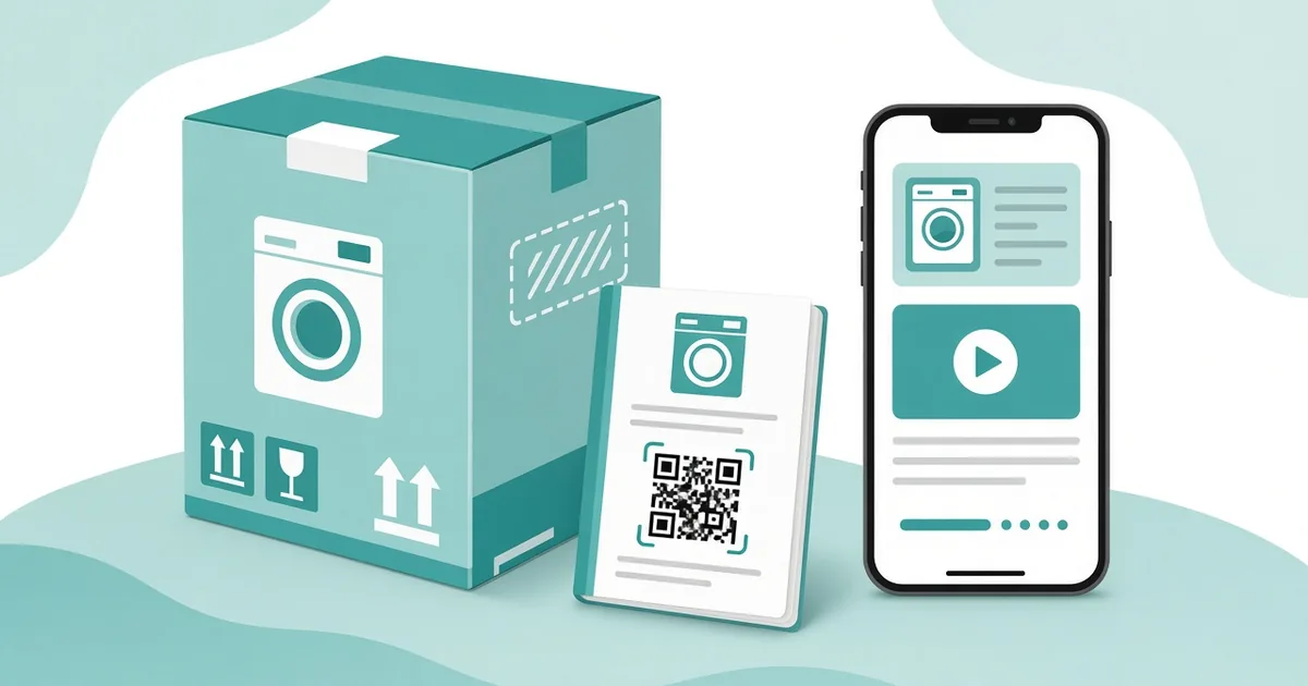 Product box with a printed quick start guide and a QR code linking to the full manual