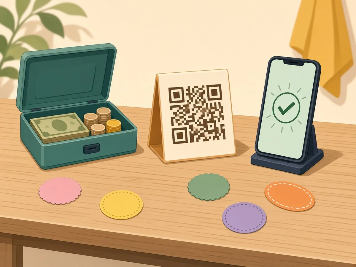 Yard sale checkout table with cash box, payment QR code card and phone showing payment confirmation