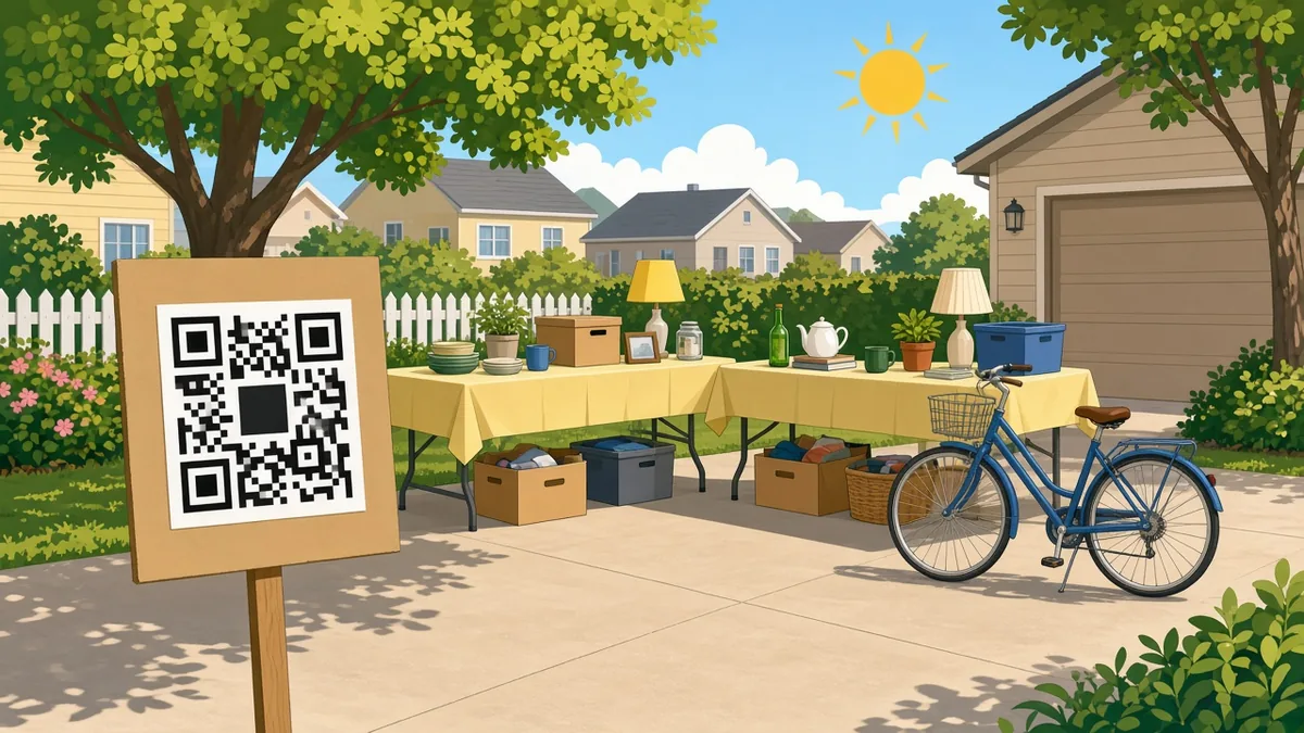Driveway yard sale with tables of items and a sign showing a large QR code