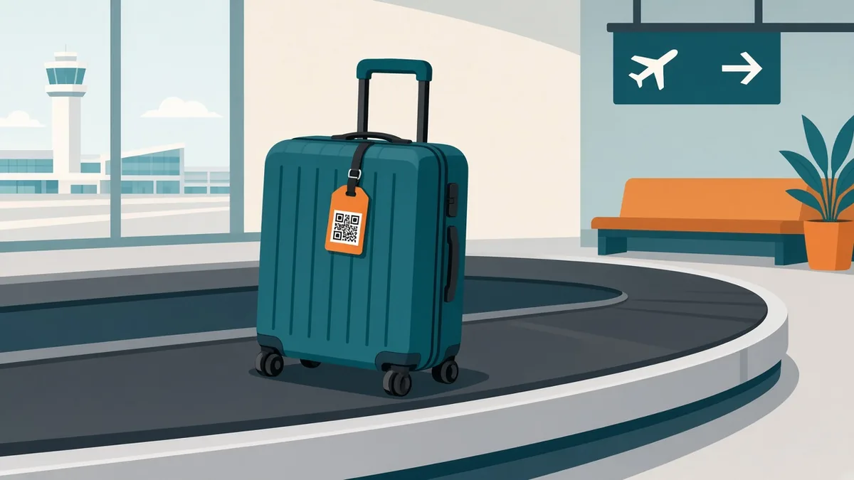 Suitcase on an airport baggage carousel with a QR code luggage tag
