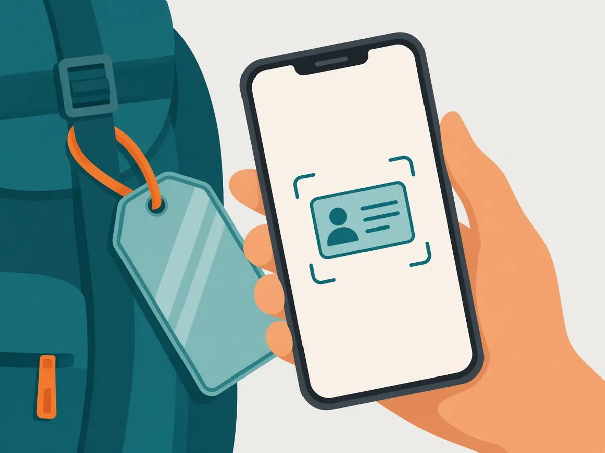 Phone scanning a luggage tag and showing a contact card