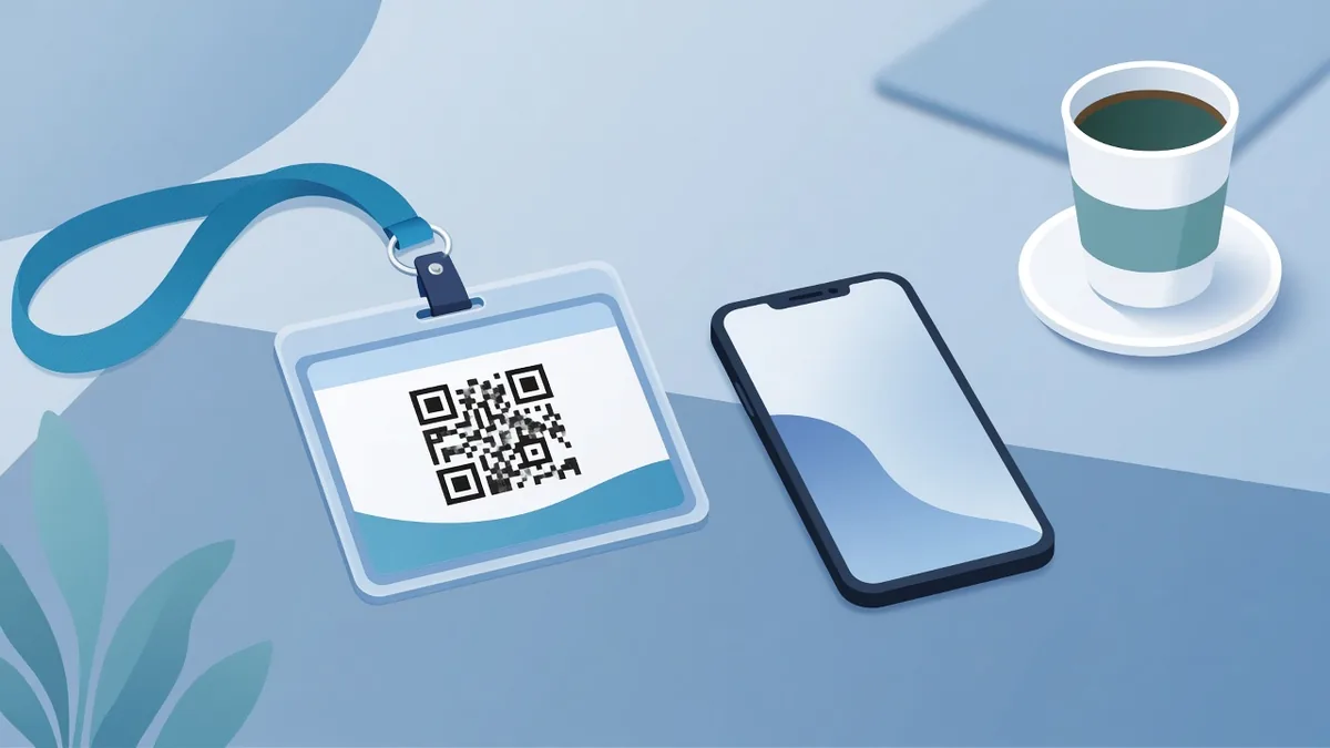 Event name badge on a lanyard with a QR code, next to a phone and coffee cup