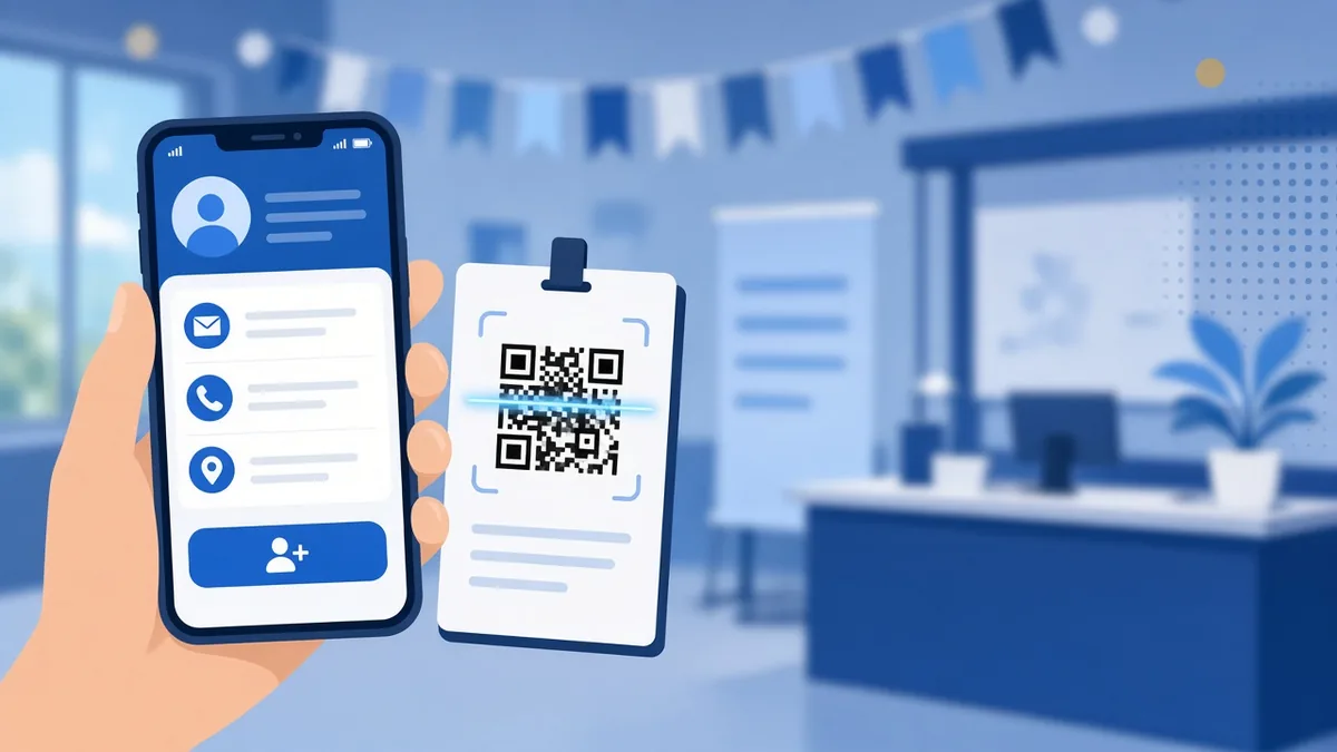 Phone scanning a name badge QR code and showing a contact card with a save button