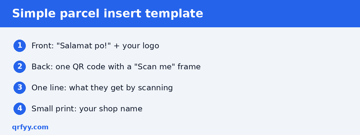 Layout of a simple parcel insert card with one QR code
