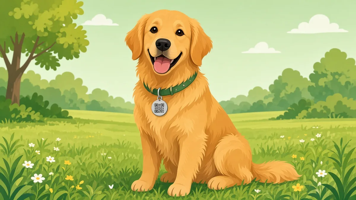 Golden retriever wearing a collar with a QR code pet ID tag