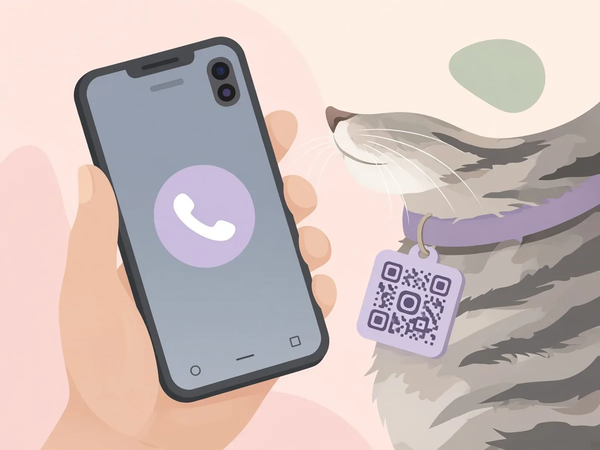 Smartphone scanning a QR code tag on a cat collar and opening a phone call