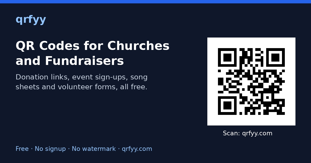 QR Codes for Churches and Fundraisers: featured graphic with a QR code to qrfyy.com